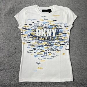 DKNY Jeans T-Shirt Women's Small White Logo Graffiti Graphic Tee VTG NWT